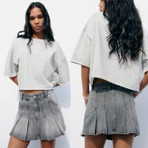 Zara Denim Box Pleat Skirt In Light Gray Size Small
